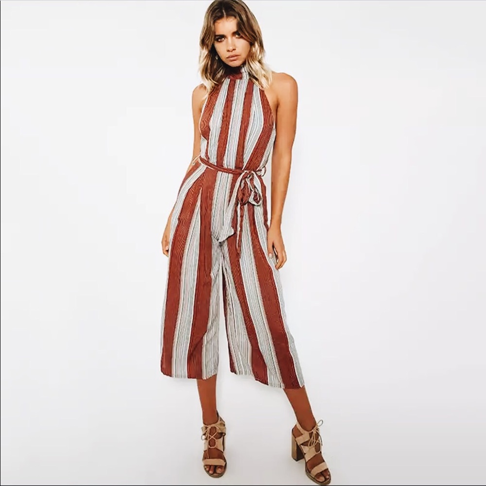 โฅ๏ธ Red Striped Halter Open Back Jumpsuit